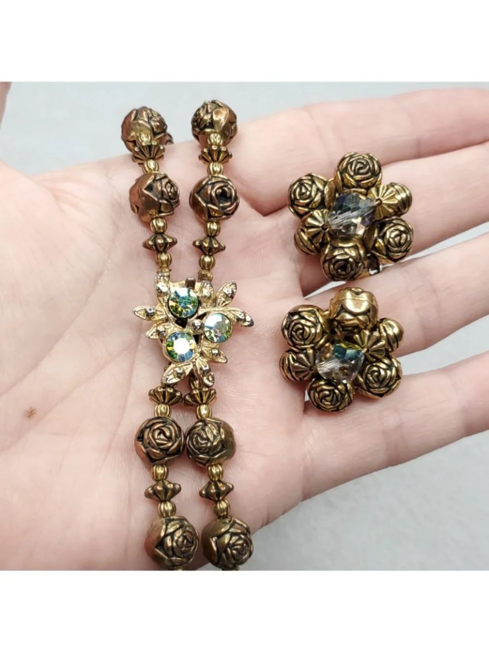 Vintage Beaded Necklace Clip On Earring Set Copper Gold Tone Rosebud 21